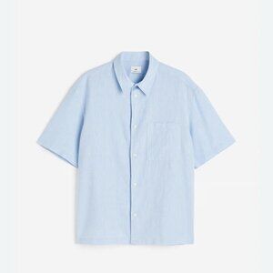 NEW! H&M Relaxed Fit Linen Blend Button Up Shirt Blue Men's SZ 2XL